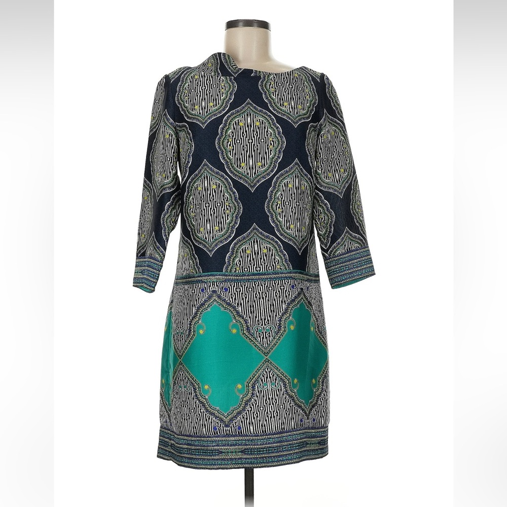Laundry By Shelli Segal Navy and Teal Patterned Long-Sleeve Shift Dress